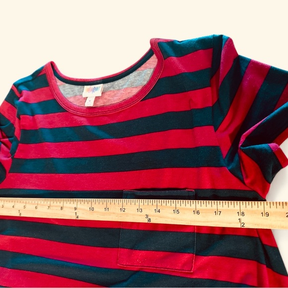 Lularoe Carly Dress Size Medium Red Green Striped Short Sleeve Chest Pocket - Picture 10 of 10